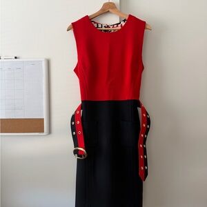 Milly Red and Black Belted Midi Dress